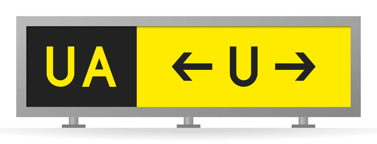 [UA ←U→] Direction assembly for taxiway U in a gray sign box