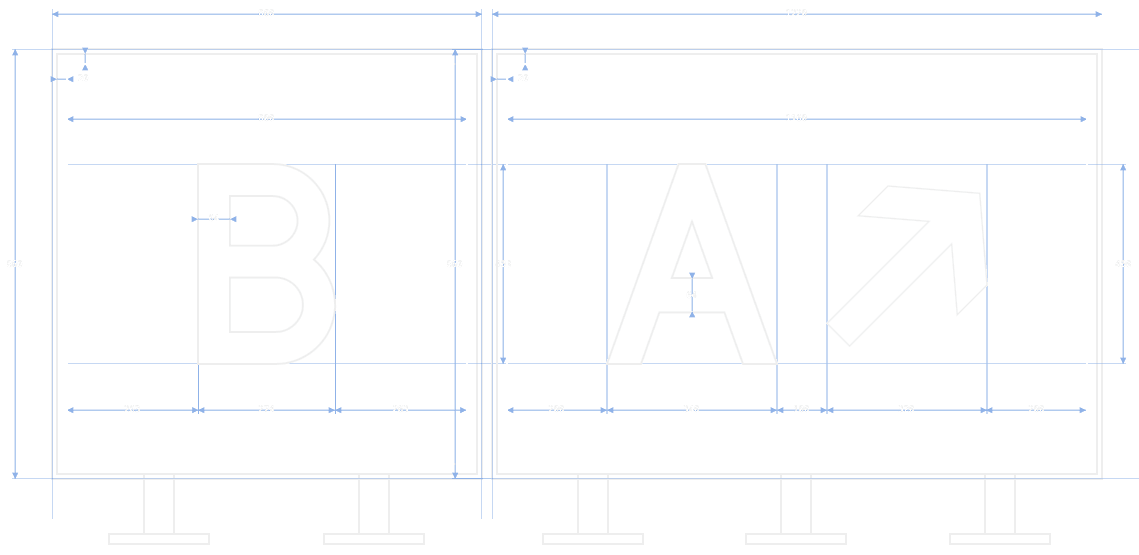 Grid view of two signs with measurement guides and dimension arrows overlaid on the sign faces and legends.