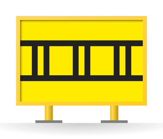 [ILS critical area boundary symbol] ILS critical area boundary sign: yellow ladder pattern on black bars, in a yellow-framed sign box