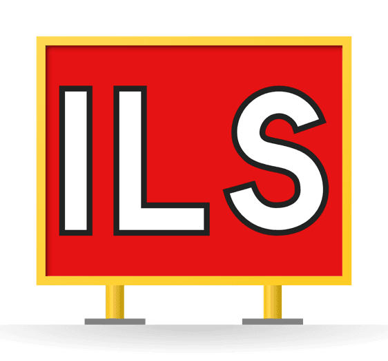 [ILS] ILS critical area holding position sign: white ILS inscription with black outline on red, in a yellow-framed sign box