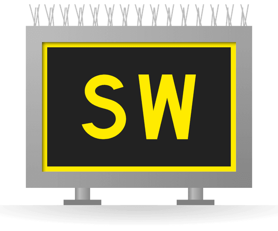[SW] Location sign: yellow letters SW with yellow border on black, in a gray sign box with bird deterrent spikes